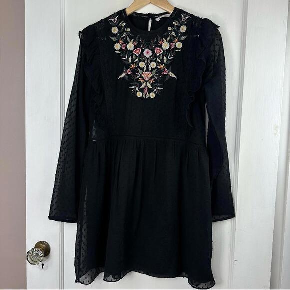 Zara Dotted Mesh Beaded Floral Embroidered Mini Dress with Ruffle - Picture 1 of 6